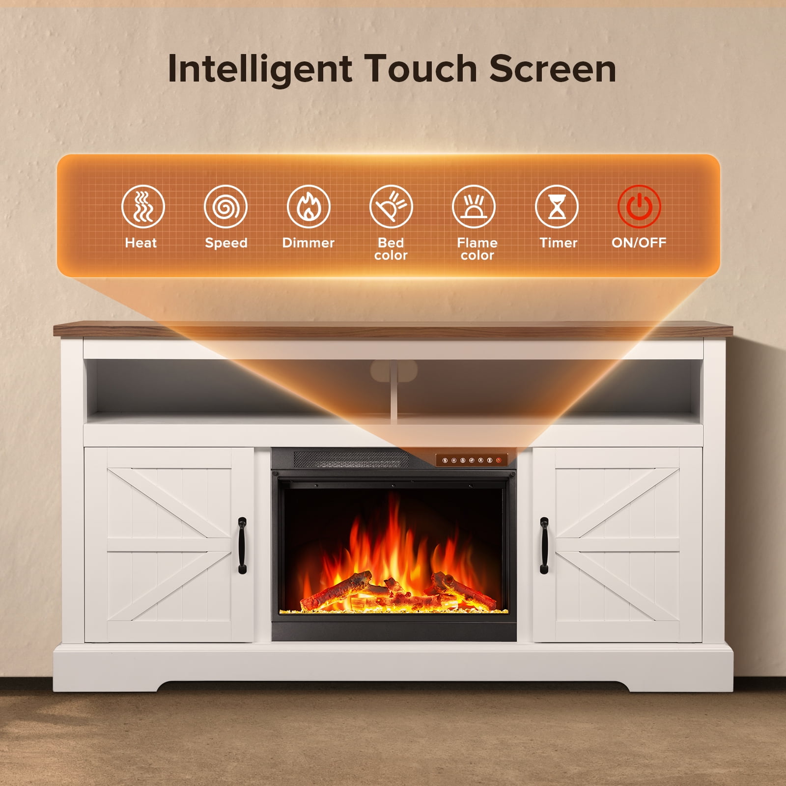 KISSAIR 60'' Electric Fireplace Mantel, Remote Control, Adjustable LED Flame, 750W/1500W Free Standing Fireplace（White）