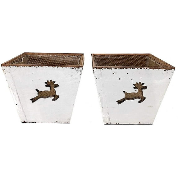 Christmas Holiday Planters Buckets Wooden W Burlap Dashing Reindeer Design Decor Organizers 7.5" x 6.5" (Set of 2) (White)