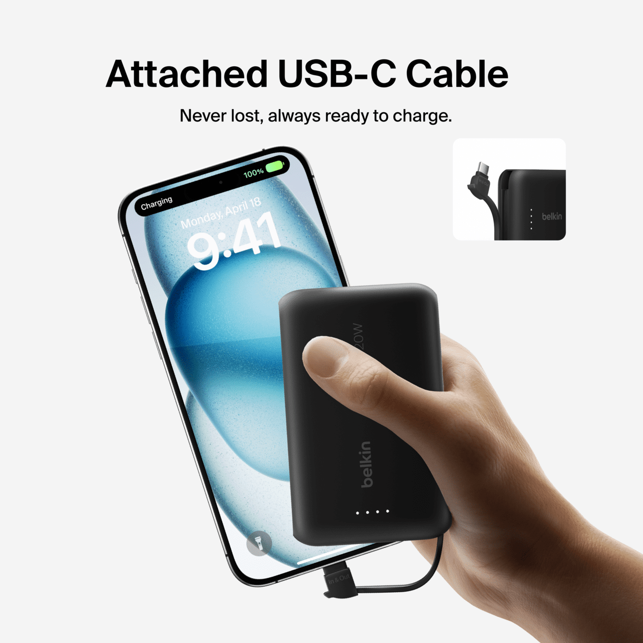 Chargeur portable Belkin BoostCharge, batterie externe avec câble intégré de 5,7 cm/2,2 po de 10 000 mAh PD 20 W - Chargement rapide USB-C Power Delivery, Noir Batterie portative Belkin BoostCharge 10K avec câble intégré, noir