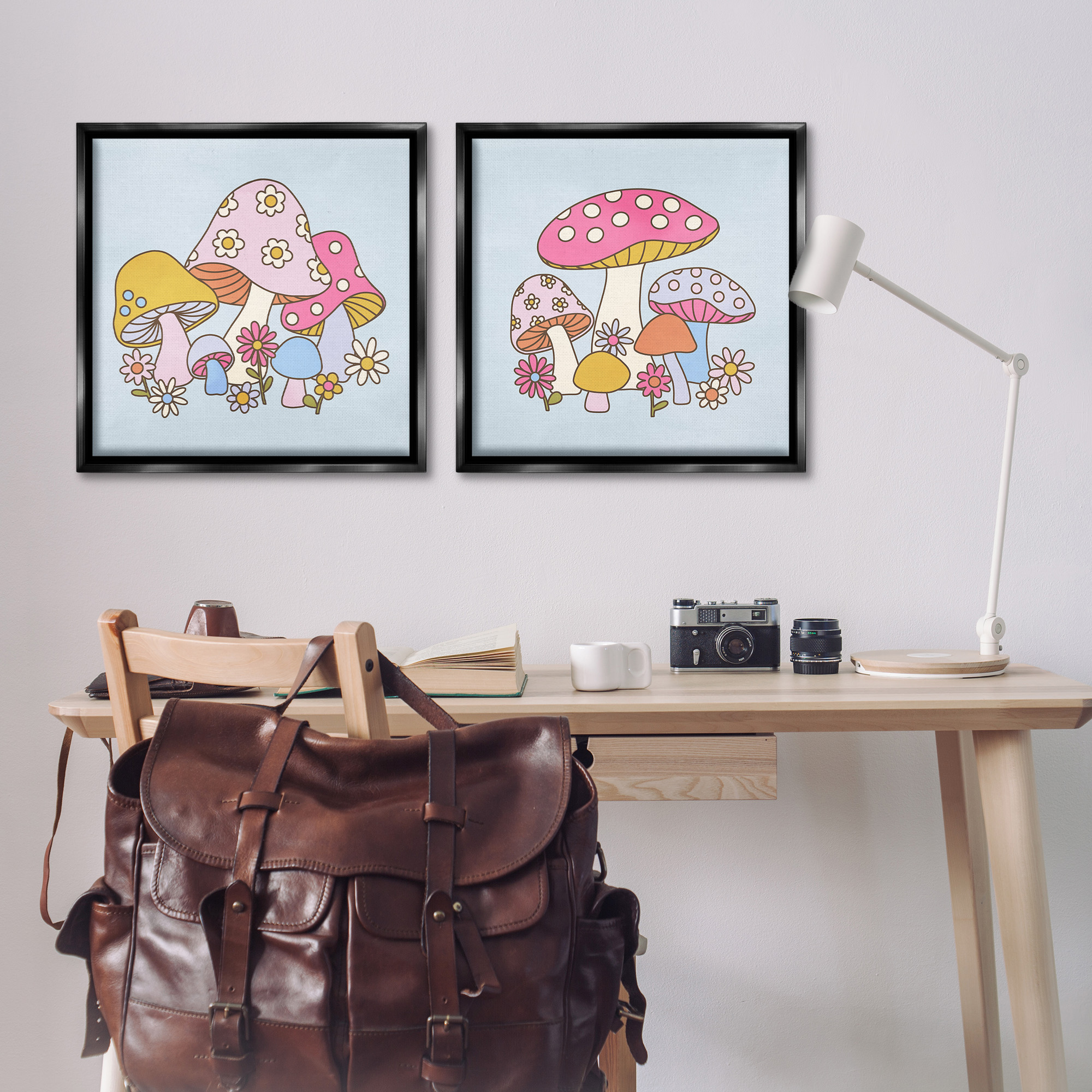 Stupell Industries Groovy Floral Mushrooms Botanical & Floral Painting Black Floater Framed Canvas Art Print Wall Art, 25 x 25, Set of 2