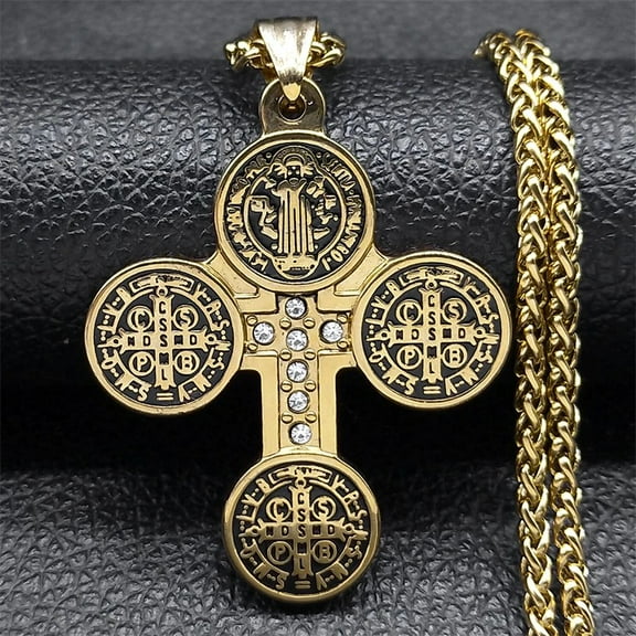 Catholic Saint Benedict Medal Cross Pendant Necklace for Women Men 14K Yellow Gold San Benito Chain Jewelry