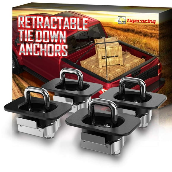 Tigeracing Tie Down Anchors Retractable Truck Bed Top Side D Ring Compatible with 2015-2024 F150 | 17-24 F250 & F350 Super Duty | 17-24 Raptor - 3000 LBS Capacity (of 4)