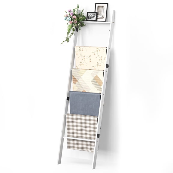 Bamboohomie Blanket Ladder with Shelf, 6-Tier Bamboo Quilt Ladders for Display, Wall Leaning Blanket Holder for Living Room Bedroom Bathroom, White