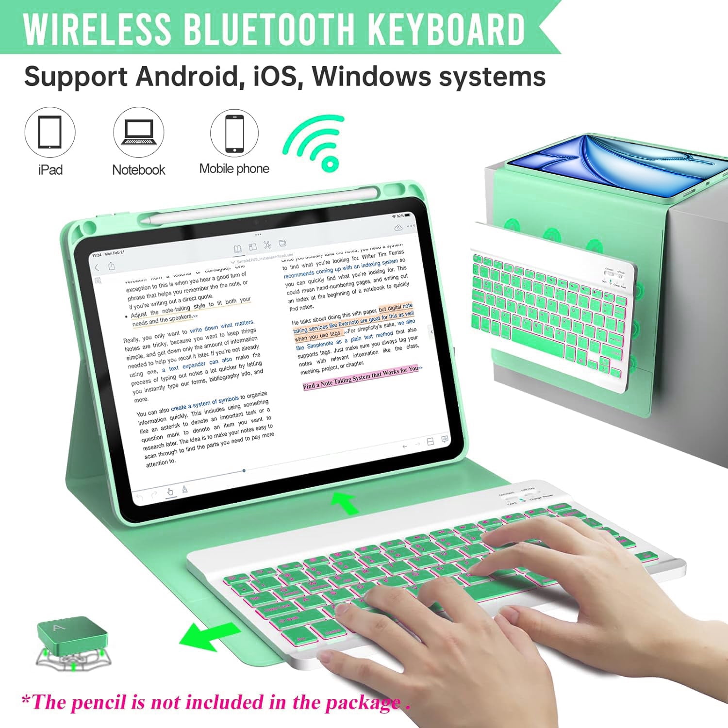 iPad Pro 12.9 6th/5th/4th Generation Case with Keyboard(2022/2020/2021), 360°Smart Protective Folio Cover with Magnetic Detachable Wireless Keyboard, Built-in Pencil Holder (Green)