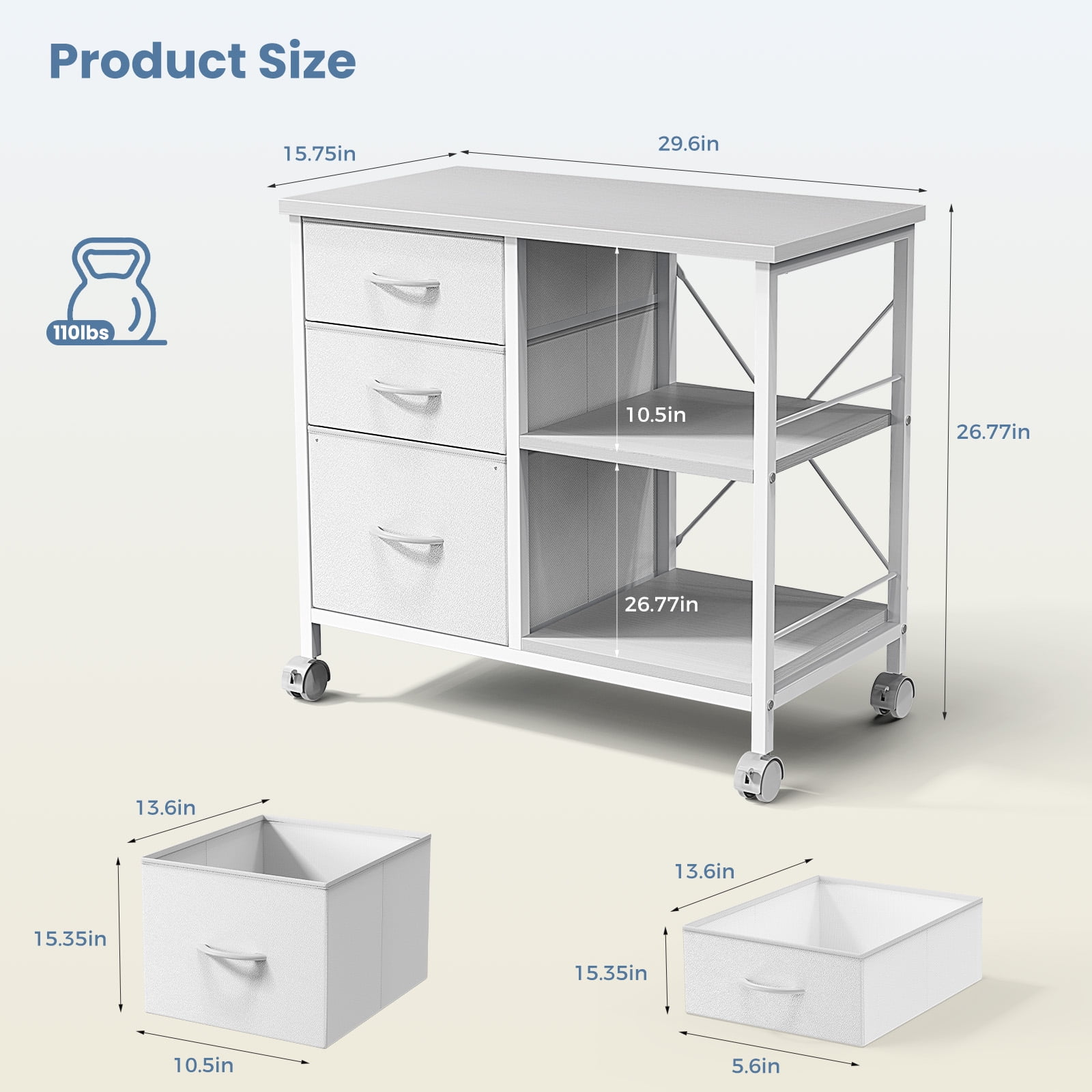 Gianna Rolling File Cabinet with 3 Drawers, Fabric Lateral Filing Storage for A4/Letter Size, Mobile Printer Stand with Open Shelf for Home Office, White