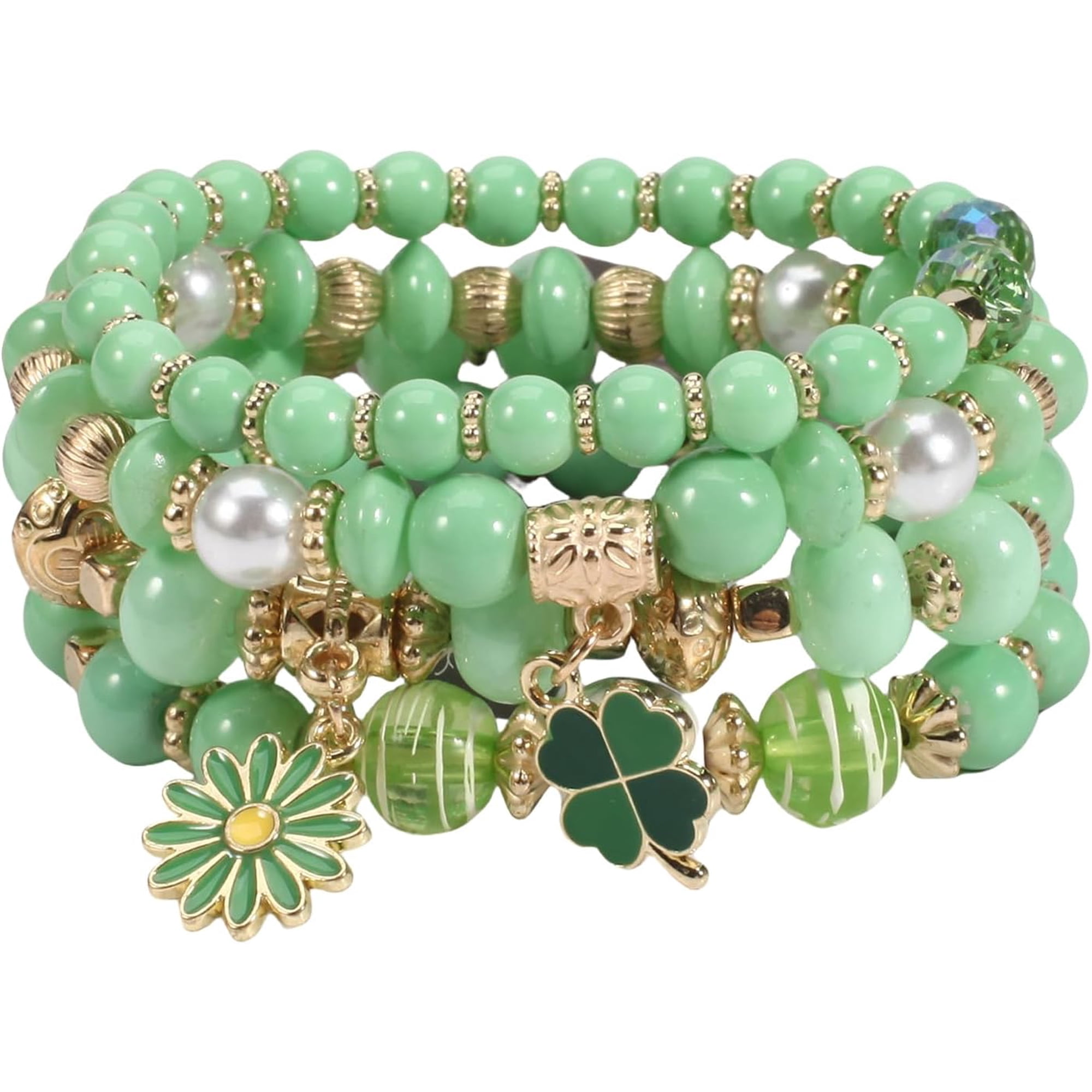 Green Lucky Clover Leaf Shamrock St.Patrick's Day Stackable Multilayer Beaded Irish Holiday Stretch Adjustable Bohemian Handmade Bracelets Jewelry for Women Men
