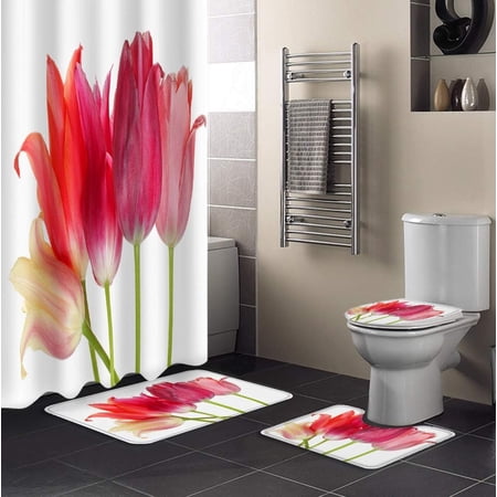 FMSHPON Floral 4 Piece Bathroom Set Shower Curtain Bath Rug Contour Mat and Toilet Lid Cover