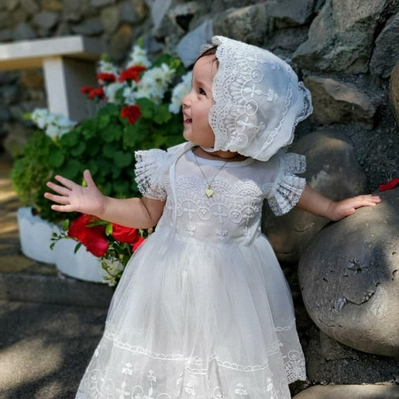 Baby Girls Baptism Dress Christening Gown with Bonnet Cross Design 18M