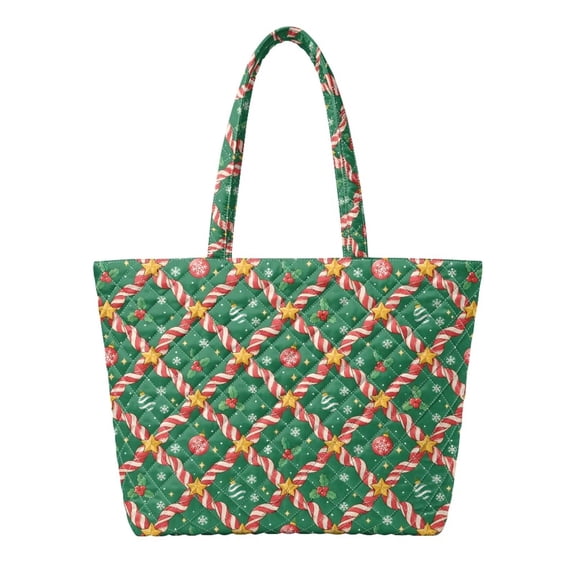 XYZCANDO Green Christmas Themed Padded Shoulder Tote Bag Large Capacity Quilted Daily Handbag for Holiday Shopping Travel Work Cute Candy Cane Star Pattern Women's