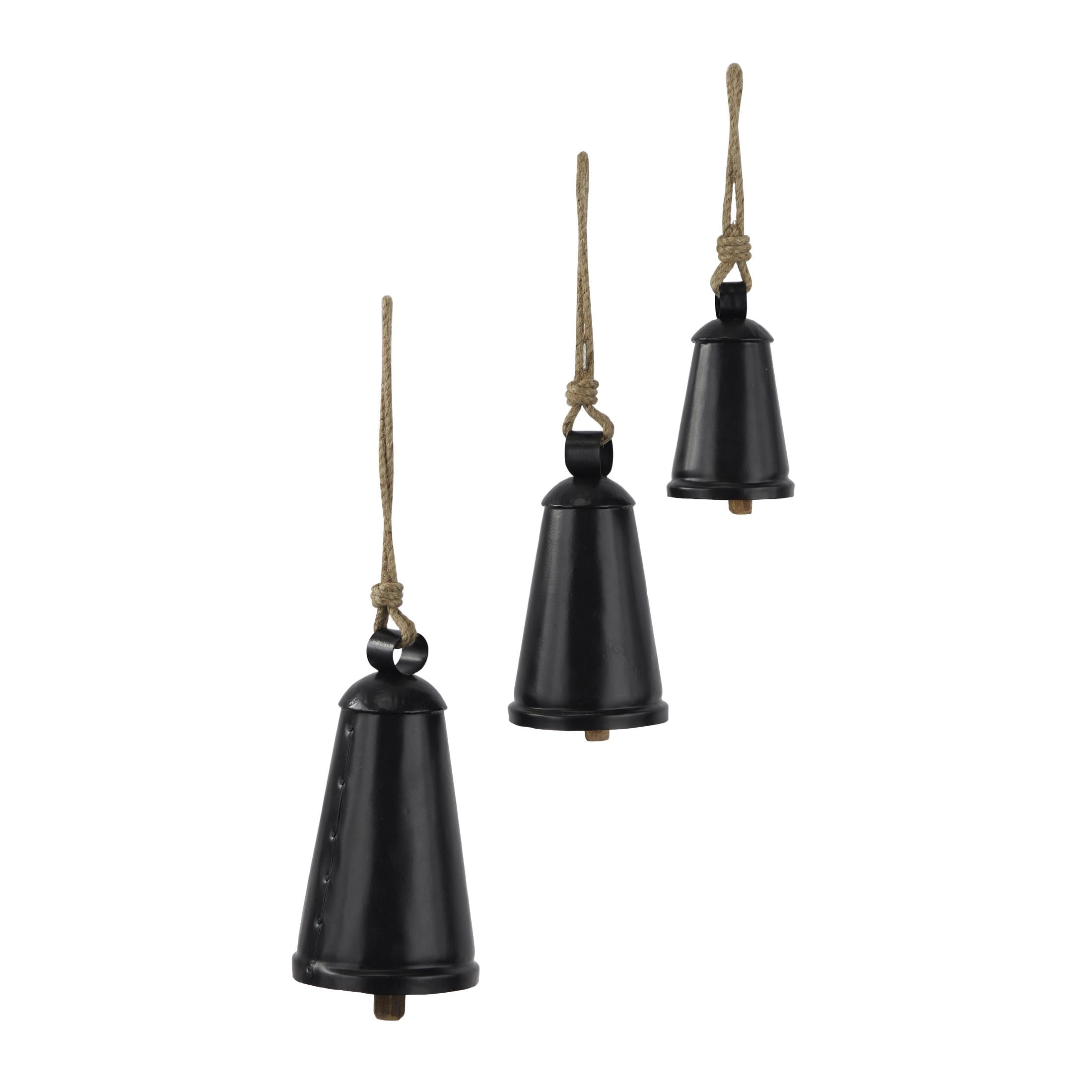 DecMode Tibetan Inspired Black Metal Conical Decorative Cow Bells with Jute Hanging Rope, 3 Count