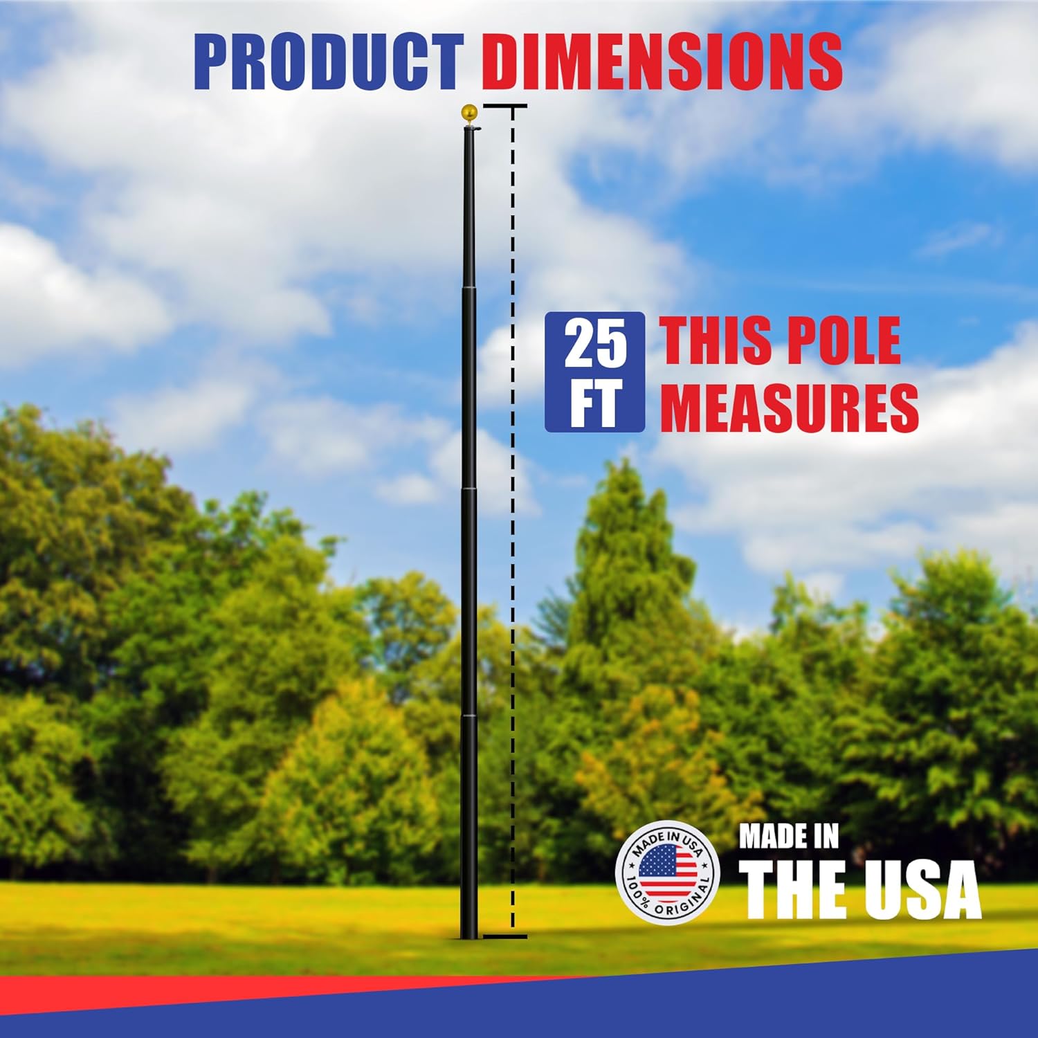 Super Tough USA-Made 25ft Heavy Duty Flag Pole for Outside House - Black Anodized - Residential In-Ground Flagpole - 4-Section High-Grade Aluminum - Includes All Accessories