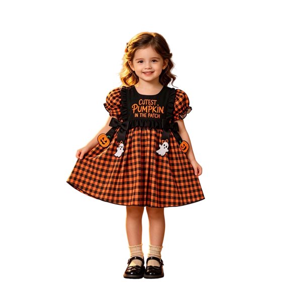 JFOPQVSM Girls Halloween Comfortable and Breathable Short Sleeved Dress Cute Cartoon Print Dress