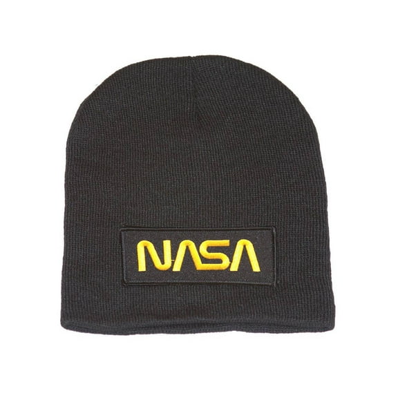 Delux 3D Patch Embroidery Black Short Beanie, Space NASA Gold Logo