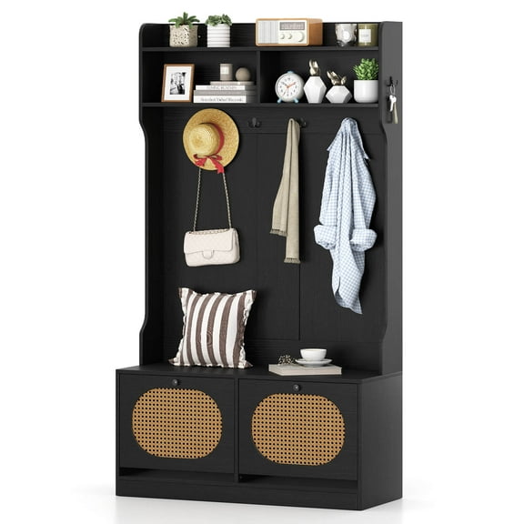 Costway 4-In-1 Hall Tree Entryway Bench with Coat Rack & Flip Drawers 6 Dual-Hook Hangers Black