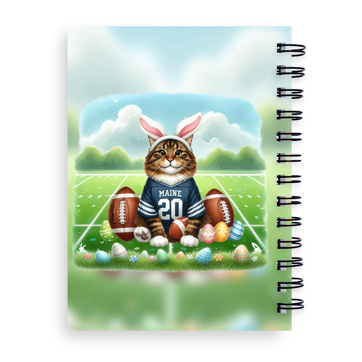 Happy Easter Hello Spring Maine Coon Playing Football Spiral Bound Journal Cat Lover Kitten Owner Gifts 5x7in Spiral Notebook - 13003