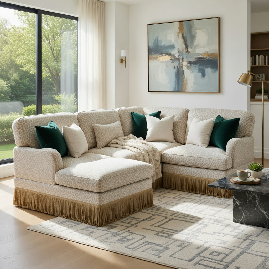 Hommoo 100" Leopard Print Chenille L-Shaped Sofa Set with Movable Ottoman, Tassel Trim & Ergonomic Deep Seat, Modern Living Room Sectional, Beige