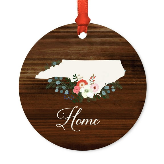 US State Round Metal Christmas Ornament, Rustic Wood with Florals Home, North Carolina, Includes Ribbon and Gift Bag