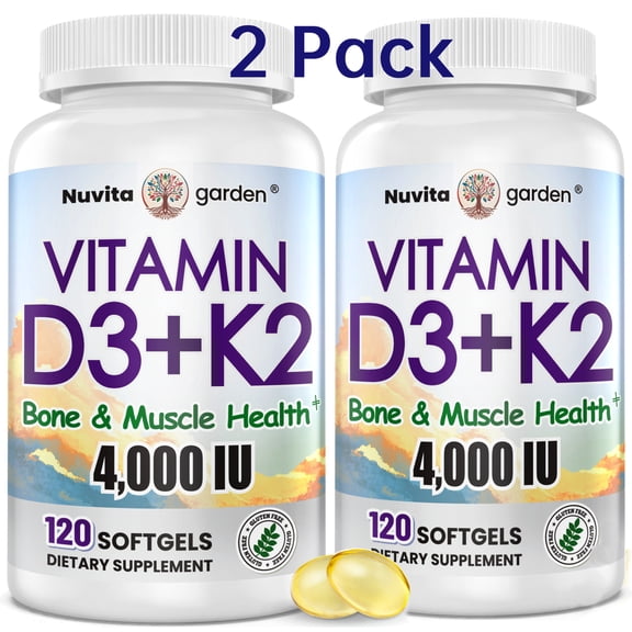 2 Pack Vitamin D3 K2 4,000 IU, 200 mcg MK-7, 240 Coconut Oil Softgels, 2 in 1 Vitamins Supplement, Easy to Swallow