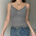 thumbnail image 2 of Mnyotv Women's Tanks Lace Trim Ribbed Deep V Neck Crop Camisole For Women Sexy Slim Fit Sleeveless Tank Top Grey S, 2 of 4