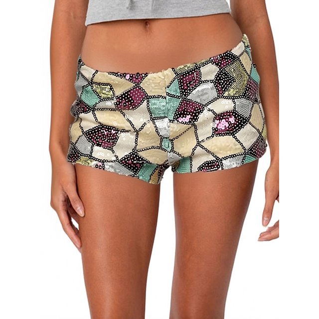 Gupgi Sequin Shorts for Women Low Rise Geometry Patchwork Mini Shorts Summer Going Out Micro Shorts