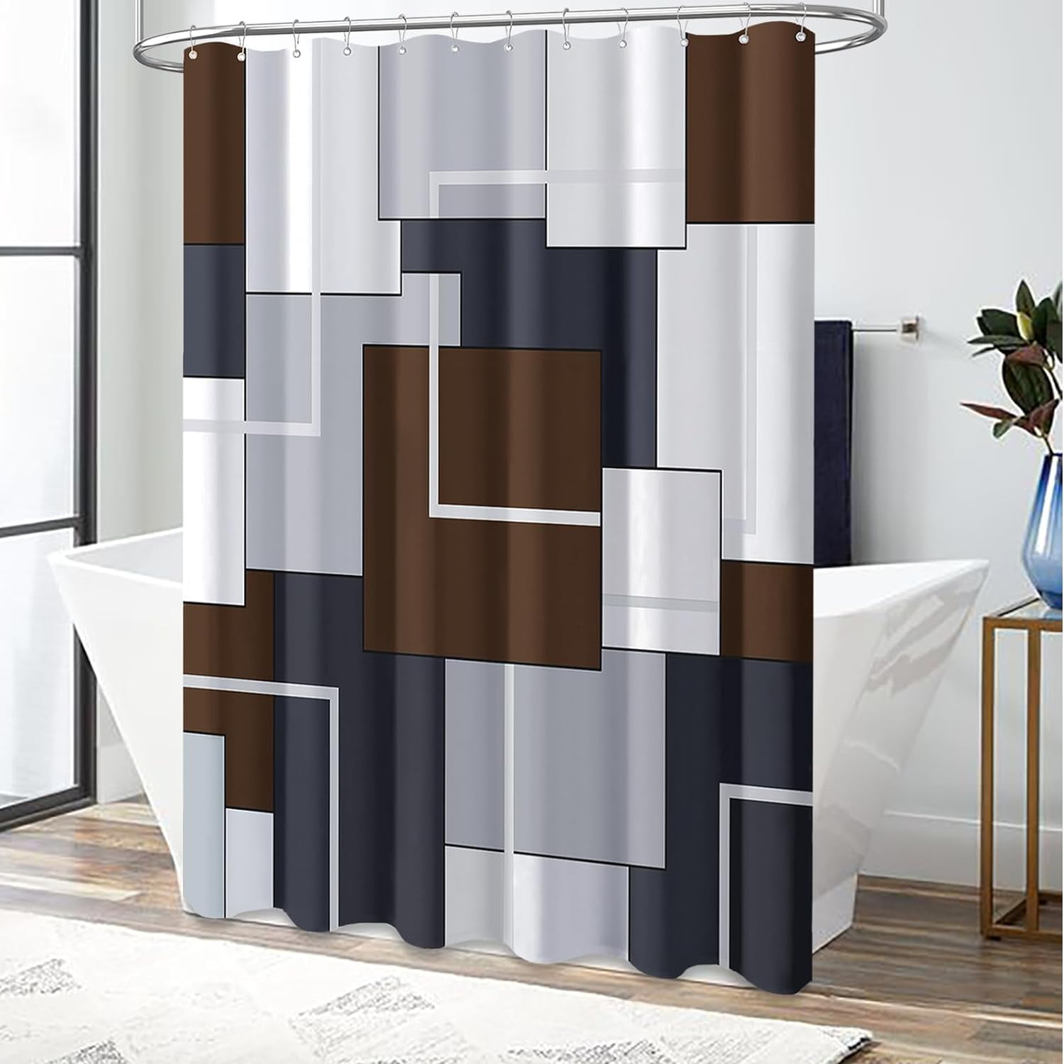 Brown Fabric Shower Curtain - Geometric Shower Curtain Set with 12 Plastic Hooks, Water Repellent, Machine Washable, Modern Decorative Polyester Cloth Shower Curtains for Bathroom - 72x72