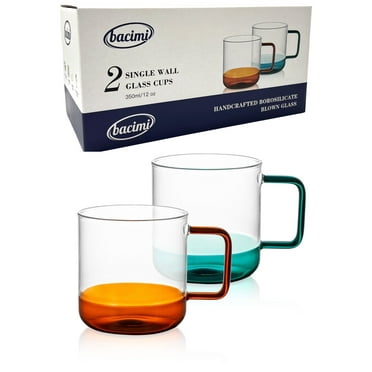 Bacimi Clear Cups with Colorful Handles - Set of 2 / 12oz - Borosilicate Glass Mugs for Cappuccino, Tea, Latte, Coffee & Hot Beverage - Drinking Cups - Microwave Safe
