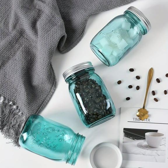 6-Pack 16oz Teal Regular Mouth Mason Jars with Lids - Multifunctional Glass Canisters, Safe for Storage/Canning/Pickling/Preserving/Fermenting, Perfect for DIY Crafts & Home Decor