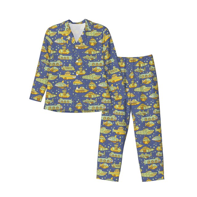 Fotbe Cartoon Submarines Pijama de Hombre con Estampado de Manga Larga, Conjunto de 2 Piezas, Ropa de Dormir Suave y Cómoda con Bolsillos-Medium