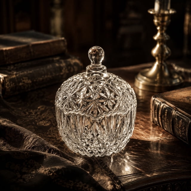 Vintage Embossed Crystal Glass Storage Jar with Lid Decorative Candy Canister for Jewelry Trinkets Clear Glass Container, Clear, JKODE