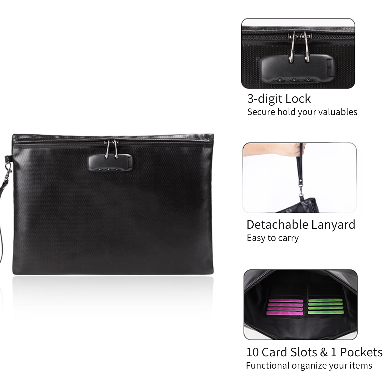 Abody Fireproof Document Bag With Lock Money Safety Organizer Zipper Closure Storage Pouch Pocket With 10 Cards Slot For For A4 Documents File Cash Passport Certificates Home Office Travel