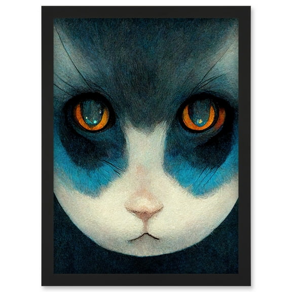 Nihonga Style Japanese Cat Blue Artwork Framed Wall Art Print A4