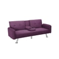 thumbnail image 3 of Modern Futon Sofa Bed, Linen Upholstered Sofa Couch Covertible Folding Futon Sofa with Cupholders and Metal Legs for Living Room, Apartment, Dorm, Purple, 3 of 6