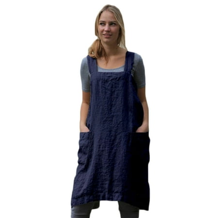 

Cotton Linen Apron Cross Back Apron For Women With Pockets Pinafore Dress With Two Pockets Purplish Blue XXXXL