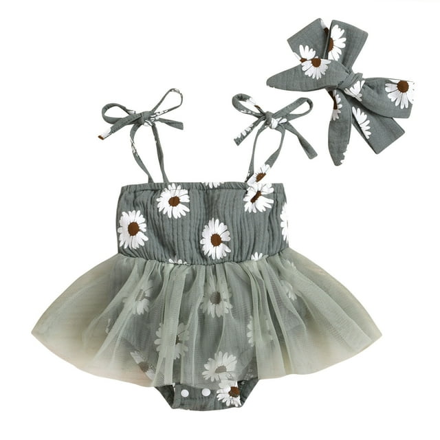 MIASHUI Barboteuse Sans Manches à Imprimé Floral pour Filles, Robe Tutu en Maille avec Bandeaux, Vert, 0-3 Mois