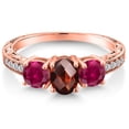 thumbnail image 3 of Gem Stone King 2.12 Ct Oval Checkerboard Red Garnet Red Created Ruby 18K Rose Gold Plated Silver Ring (Size 8), 3 of 6