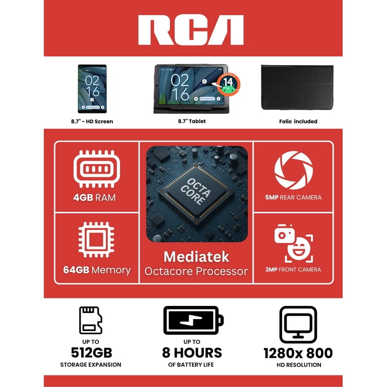 RCA 8” tablet MediaTek MT8781/G99, Octa Core, 4GB Memory 64GB