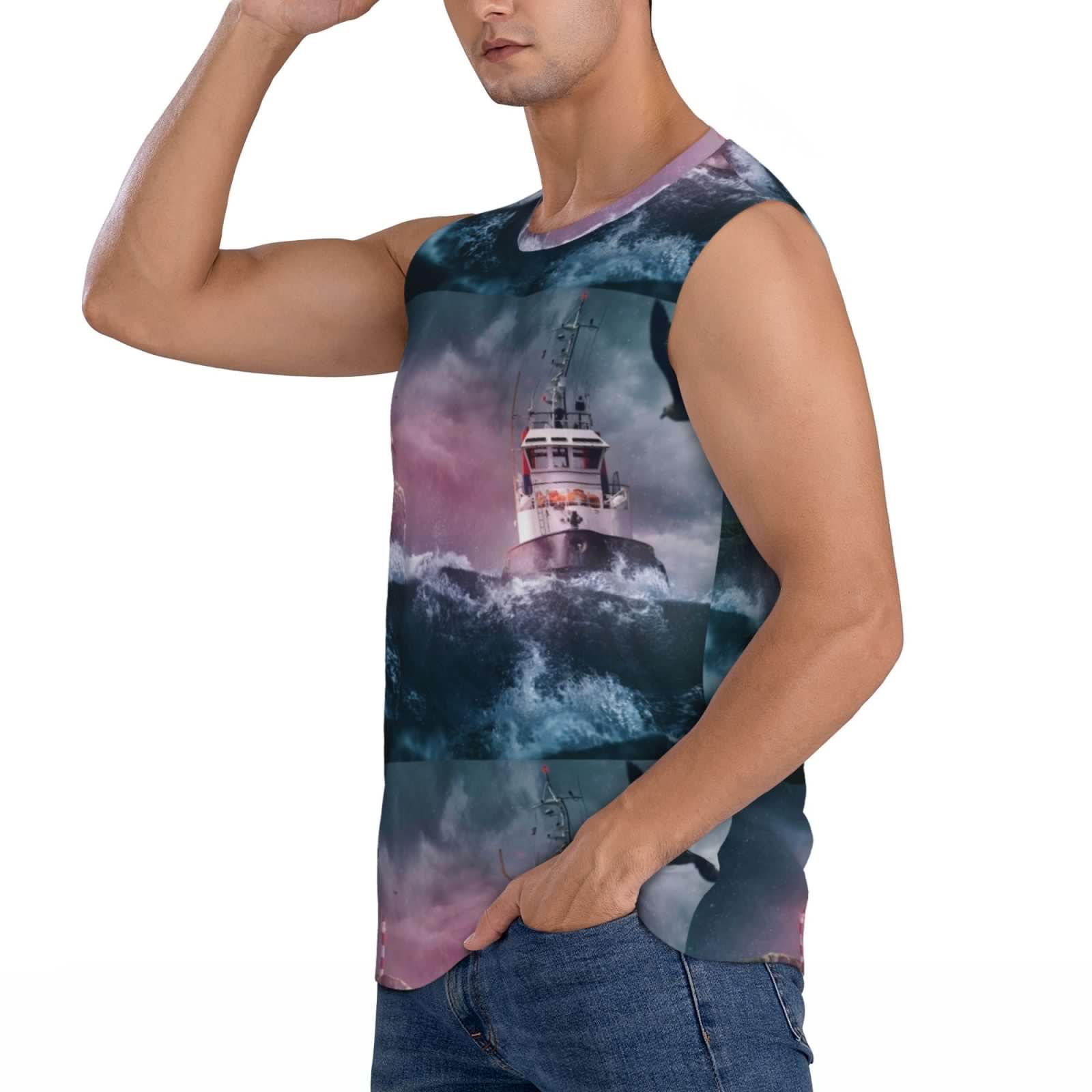 thumbnail image 3 of Picia Boat Lighthouse Storm Waves mens Cotton Tank Undershirts , Moisture-wicking Ribbed Tanks, Lightweight Cotton Tank Undershirts-Large, 3 of 8