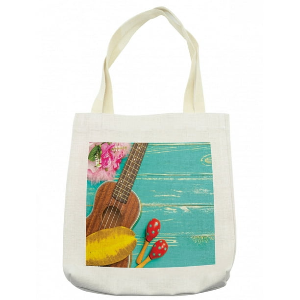 Music Tote Bag, Ukulele with Hawaii Style Background Wooden Classical
