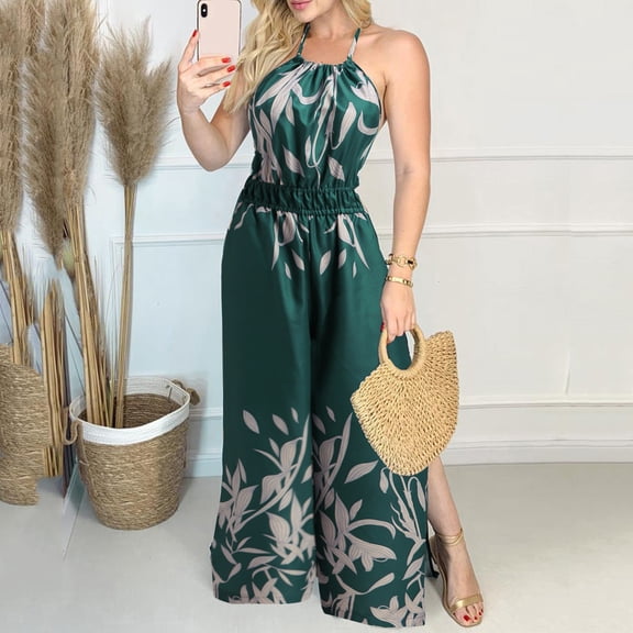 Aayomet Women Jumpsuits Women Daily Summer Casual V Neck Sleeveless Halter Floral Leaf Print Split Halter Backless Jumpsuit Slim,Green S