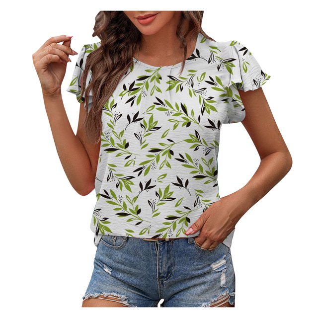 Hauts d'Été pour Femmes Tendance Col Rond à Volants Manches Courtes T-Shirts Unis Décontractés Amples Confortables Mignons Tuniques T-Shirts Vert Menthe