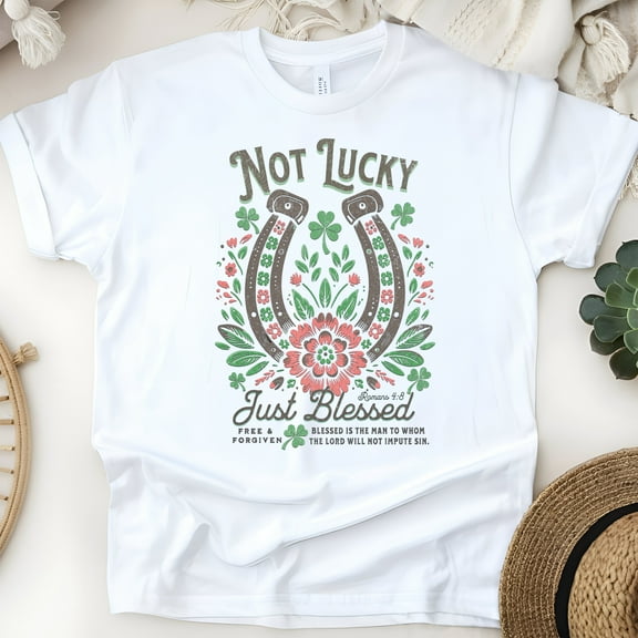 Bible Verse Shirt with Horseshoe and Flowers – Blessed Not Lucky Tee, White, Size S