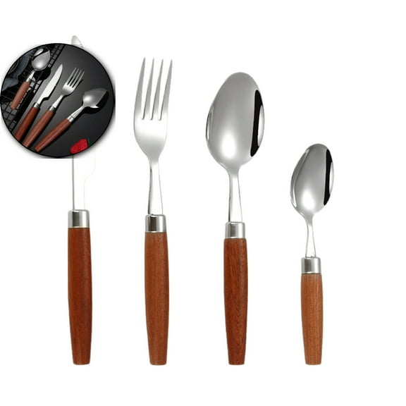 VQPeo Silverware Set with Cake Fork, Stainless Steel Flatware Cutlery Set for 4, Tableware Eating Utensils Set with Wooden effect Handle, Knife Fork Spoon, Mirror Finish, Dishwasher Safe