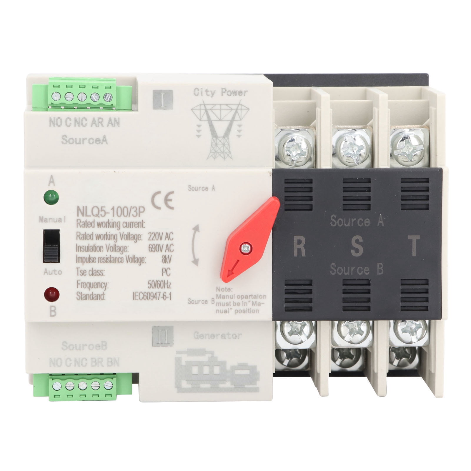 Transfer Switch, Dual Power Automatic Transfer Switch 3P Millisecond Fast Switching Timing Controller AC220V Rail Type ATS Mains to Motor (63A)