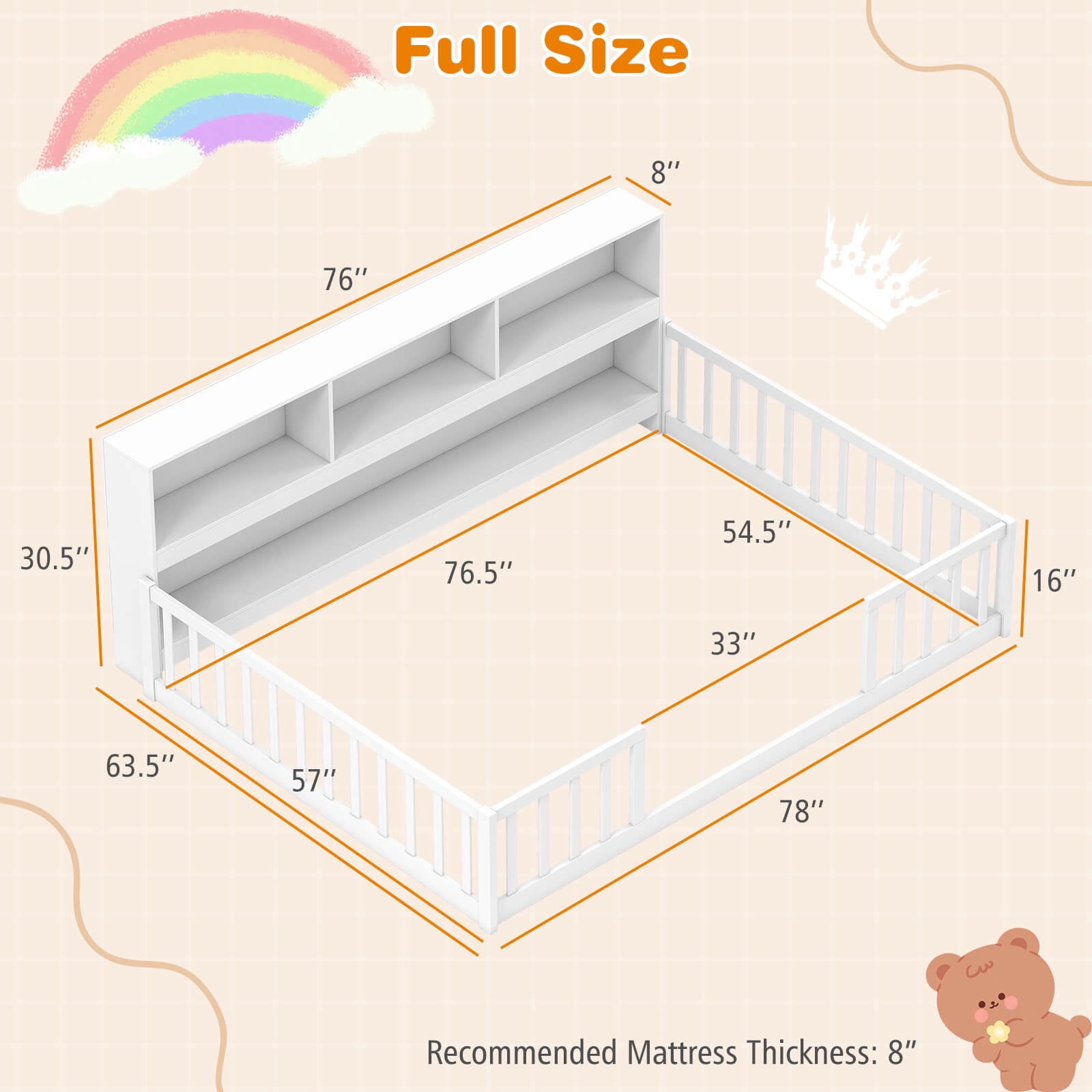 Costway Full Size Montessori Floor Bed with Bookcase Storage Shelves & Safety Fence Rails White