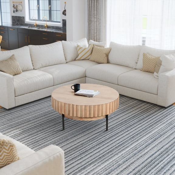 36 Inch Modern Handcrafted Round Coffee Table, Oak White Wood Top with Grooved Edges, Black Iron Legs- Saltoro Sherpi