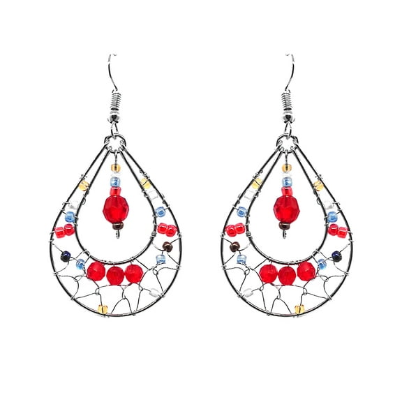 Beaded Webbed Teardrop Silver Metal Seed Bead Dangle Earrings - Womens Fashion Handmade Jewelry Boho Accessories