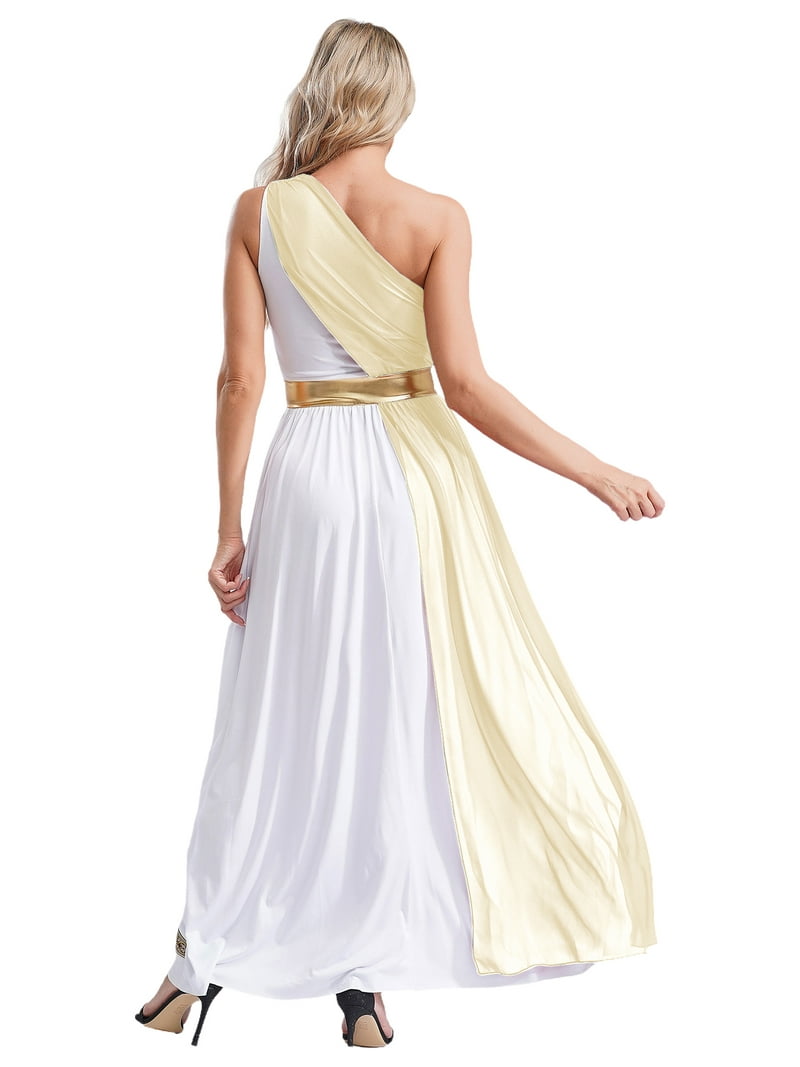 Iiniim Womens Halloween Grecian Goddness Dress One Shoulder Ancient Greek Queen Toga Robe Champagne XL, Women's, White