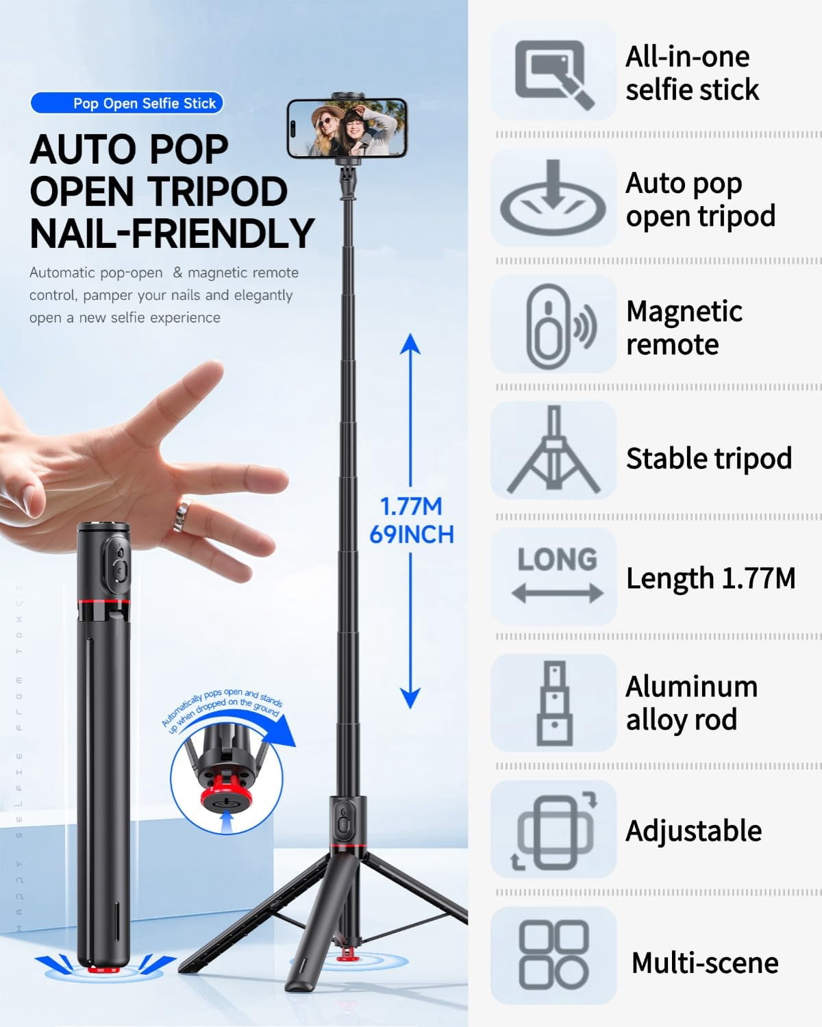 70" Automatic Pop-up Magnetic Selfie Stick, Auto-Open Tripod Stand with Remote, Compatible with Android 5.0 & iOS 5.1, 360° Rotatable, One-Piece Design Portable Travel Tripod for Vlog/Video Recording