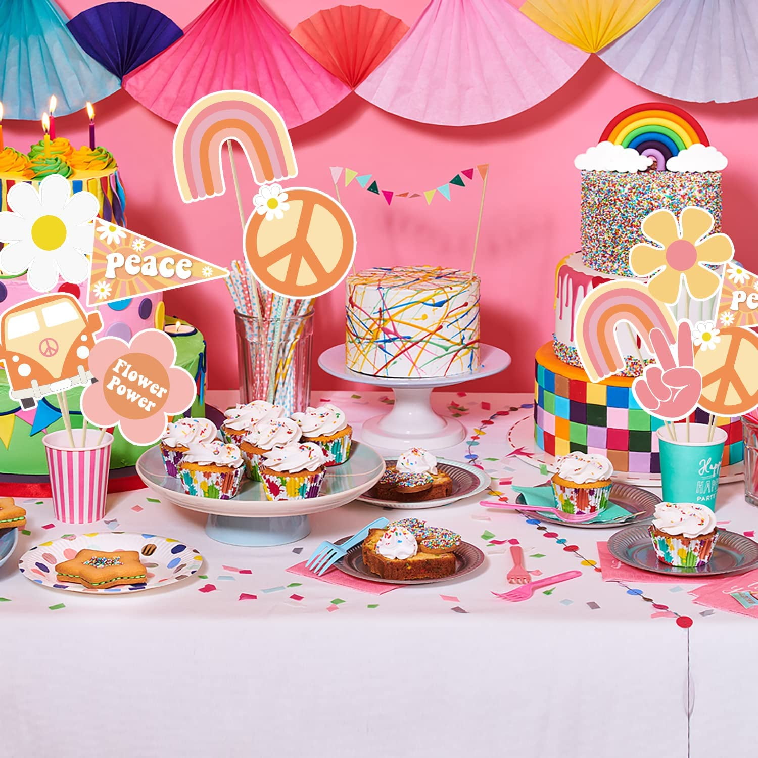 30Pcs Groovy Retro Hippie  Party Centerpieces for Tables Toppers Rainbow Butterfly Daisy Flower Birthday Decoration Star Groovy 60's Party Supplies Favors for Girls Baby Shower Photo Props