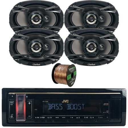 JVC Single DIN CD Player USB AUX AM/FM Radio Stereo Receiver Bundle Combo with 2 Pairs (QTY 4) of 6x9" Multiaxial 3-Way 400W Peak Power Car Audio Speakers, 16 Gauge Speaker Wire